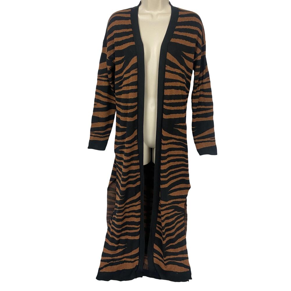 Marie Oliver Cardigan Sweater Women Medium Black Brown Animal Print Pockets Long
